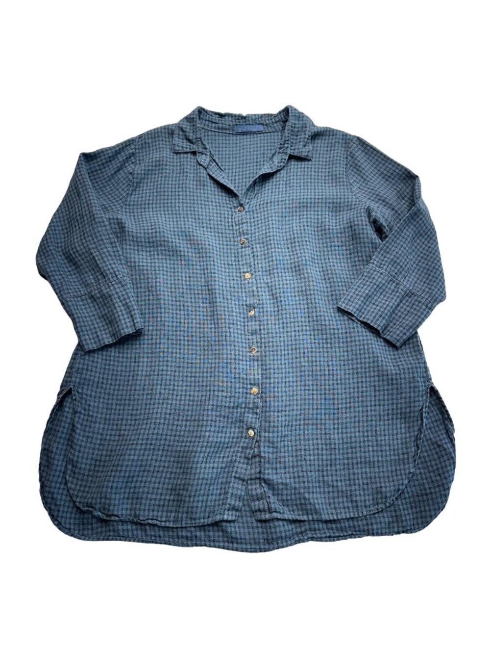 Cut Loose 100% Linen Button Up Tunic Top Size XL Blue Buffalo Check Lagenlook
